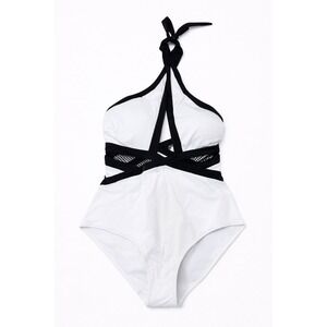 MOEVA London One Piece Swimsuit Halter‎ Neck Black White Mesh Accents Size S
